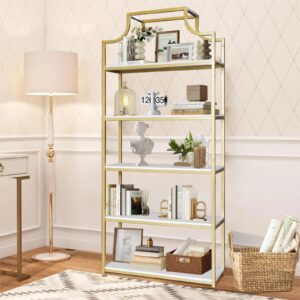 TooCust 5-Tier Gold Bookcase, 29.5" Lx70.6 H, Bookshelf for Bedroom,Gold Book Display Shelf, Arched Bookcase, Organizer Rack for Living Room, Gold Freestanding Display Shelf,White and Gold Bookshelf