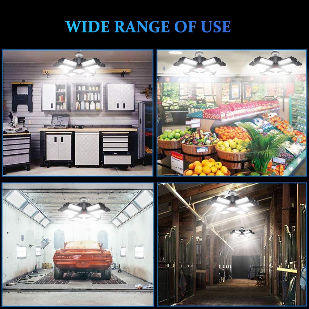 Yiliaw 200W Super Bright LED Garage Light 20000LM Shop Lights with 12 Adjustable Panels, 6500K Daylight Deformable Ceiling Light Fixture, Screw in Garage Lights Bulb for Warehouse Workshop Office