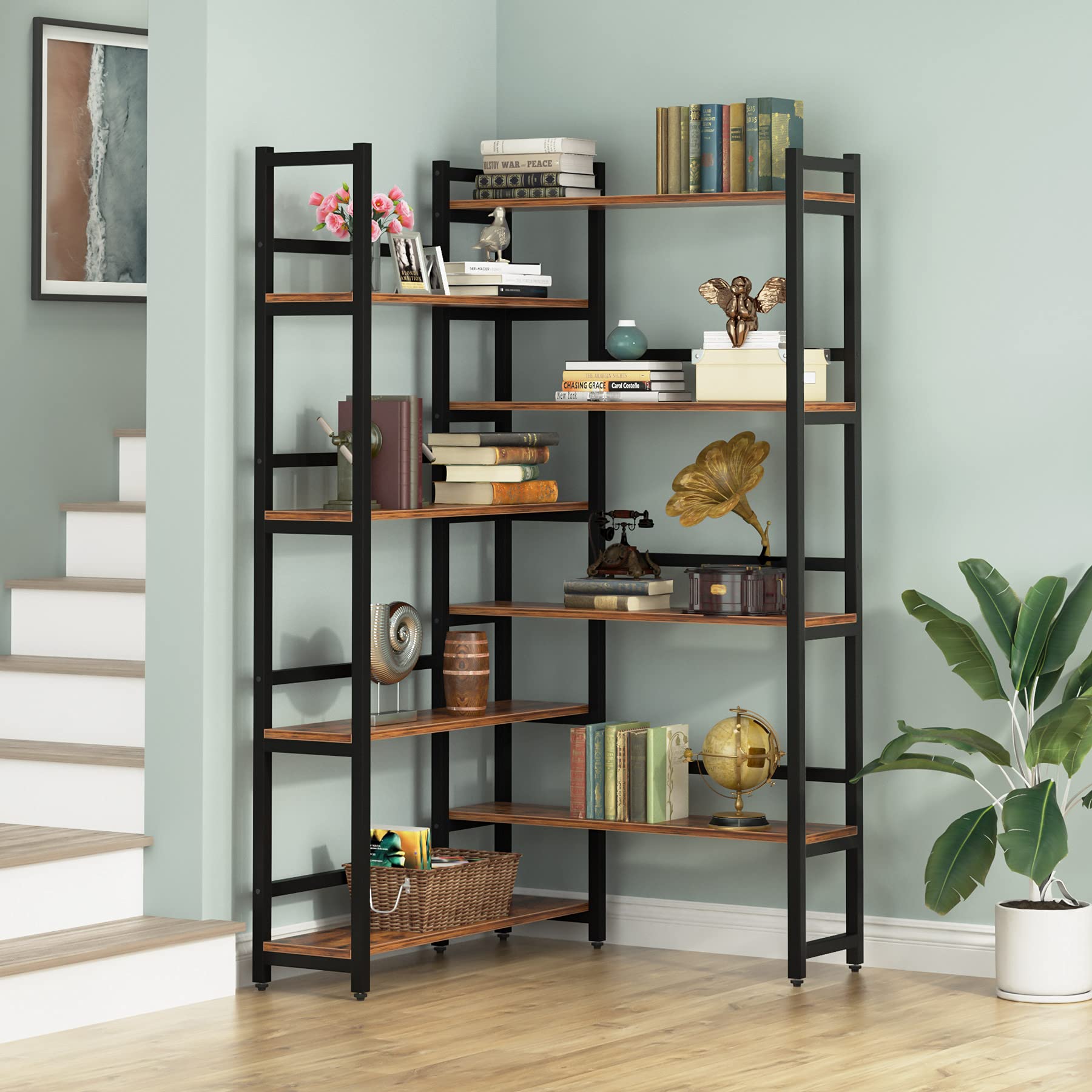 LITTLE TREE Corner Bookshelf 70.8” Tall Industrial Bookcase for Living Room Home Office