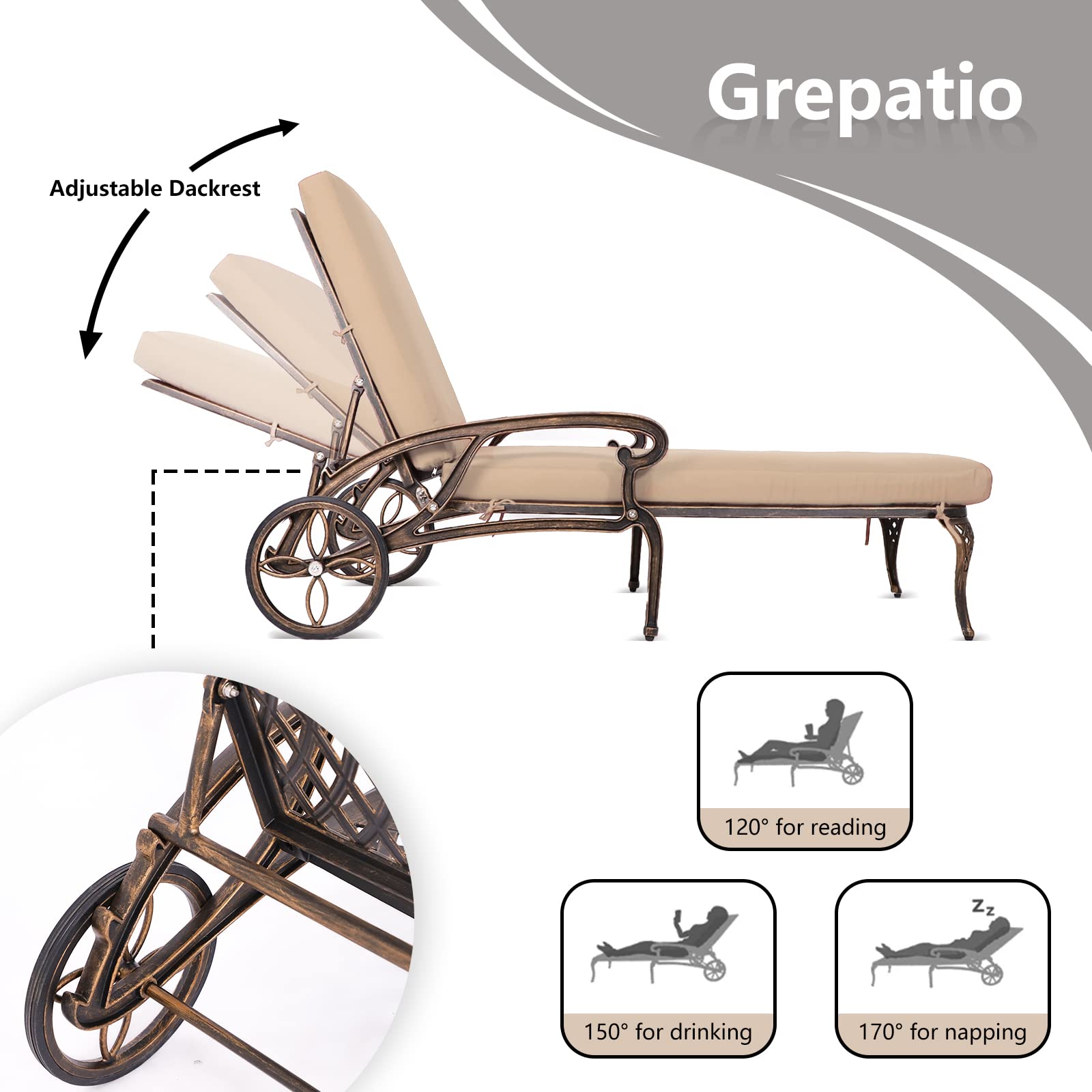 Grepatio Lounge Chairs for Outdoor, Patio Lounge Chaise Cast Aluminum Chairs with Cushion, Chaise Lounge Chair with Adjustable Backrest and Moveable Wheels for Pool Beach (Bronze Khaki Cushion*2)