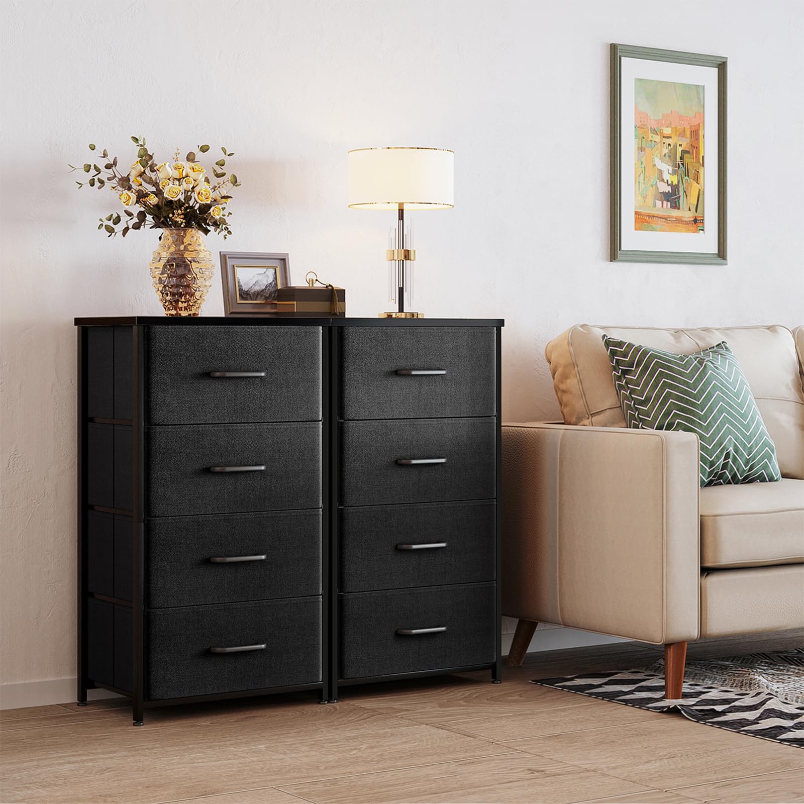 ODK Dresser for Bedroom with 4 Storage Drawers, Small Dresser Chest of Drawers Fabric Dresser with Sturdy Steel Frame, Dresser for Closet with Wood Top, Black