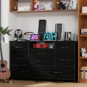 Furnulem Dresser TV Stand with Power Outlet for 55'' Long TV, Entertainment Center with 8 Deep Drawers,Wide Chest of Drawer for Storage in Bedroom,Closet,Living Room,Hallway(Black Oak)