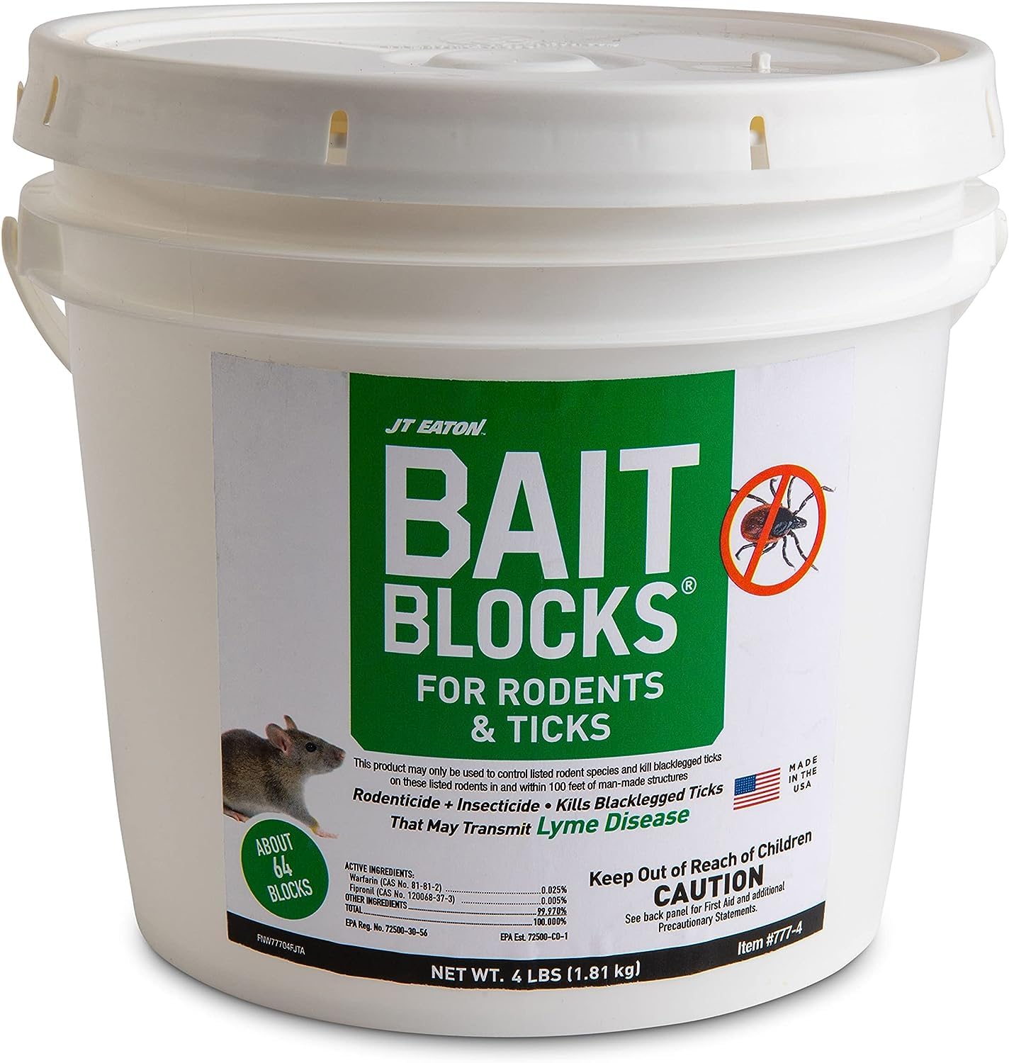 JT Eaton 777-4 Bait Block for Rodents and Ticks (4 lb Resealable Pail of 64)