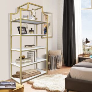 TooCust 5-Tier Gold Bookcase, 29.5" Lx70.6 H, Bookshelf for Bedroom,Gold Book Display Shelf, Arched Bookcase, Organizer Rack for Living Room, Gold Freestanding Display Shelf,White and Gold Bookshelf