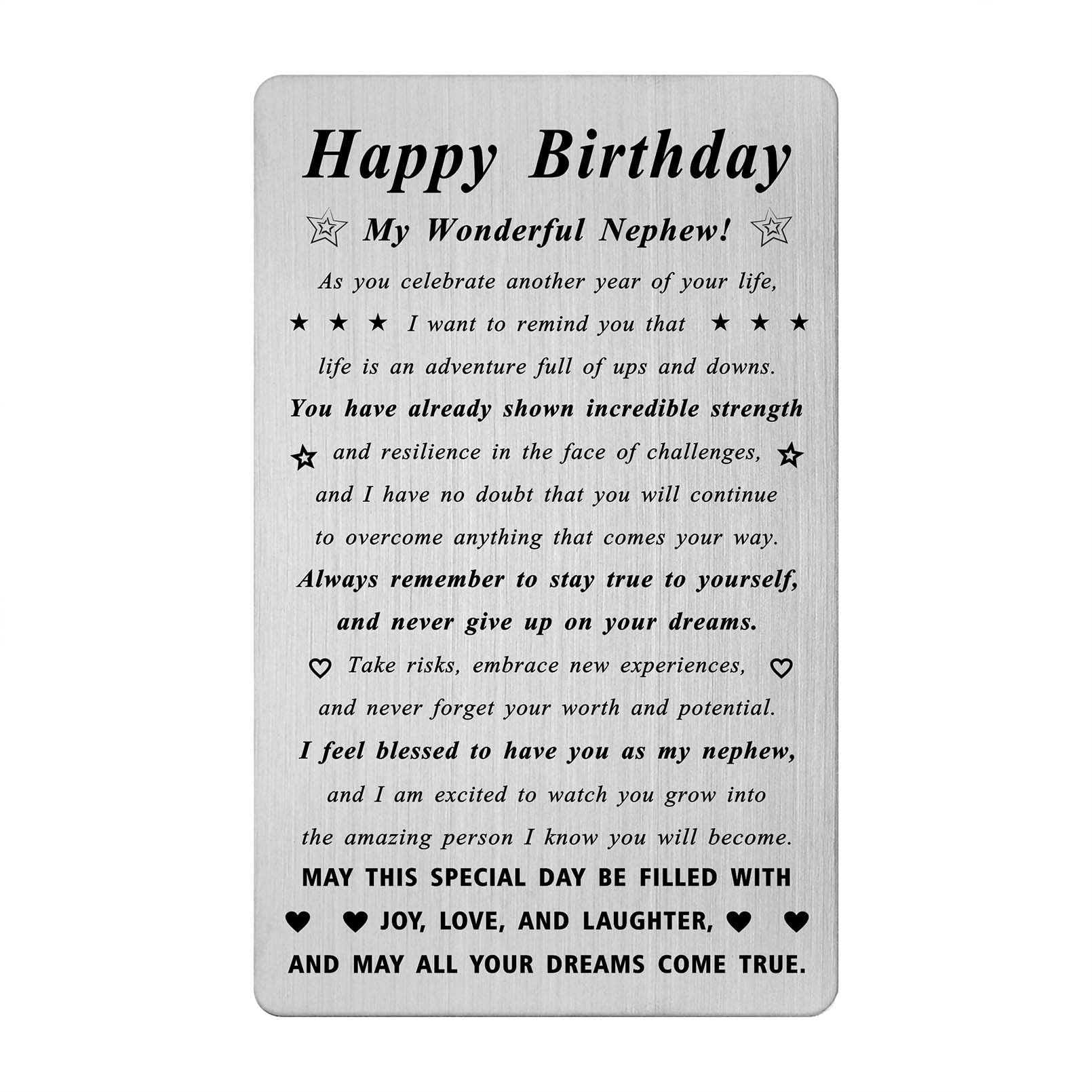 Nephew Birthday Gifts - Metal Engraved Birthday Card for Nephew - Happy Birhday My Wonderful Nephew Gifts Unique