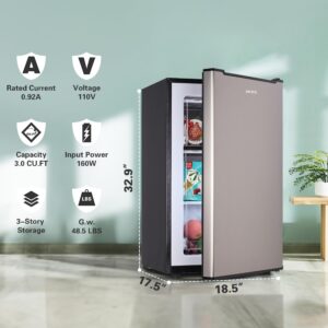 Anukis 3.0 Cu.ft Upright Freezer, Compact Mini and Small Freezers with Adjustable Temperature, Three Freeze Shelves For Home, Kitchen, Office, Silver