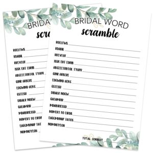 bridal shower game cards, bridal word scramble game, greenery theme engagement party cards for wedding, bridal shower decorations, engagement activities ideas, wedding shower party game card