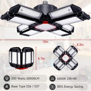 Yiliaw 200W Super Bright LED Garage Light 20000LM Shop Lights with 12 Adjustable Panels, 6500K Daylight Deformable Ceiling Light Fixture, Screw in Garage Lights Bulb for Warehouse Workshop Office