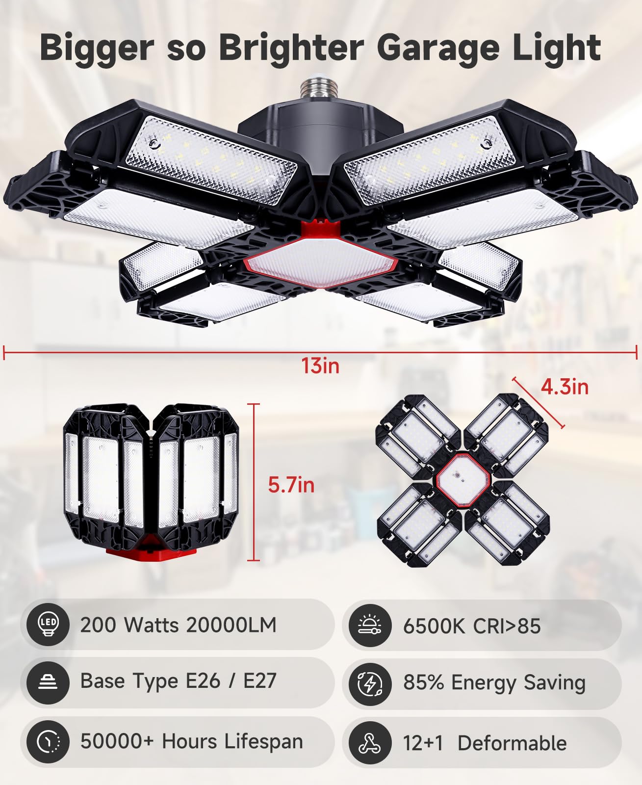 Yiliaw 200W Super Bright LED Garage Light 20000LM Shop Lights with 12 Adjustable Panels, 6500K Daylight Deformable Ceiling Light Fixture, Screw in Garage Lights Bulb for Warehouse Workshop Office