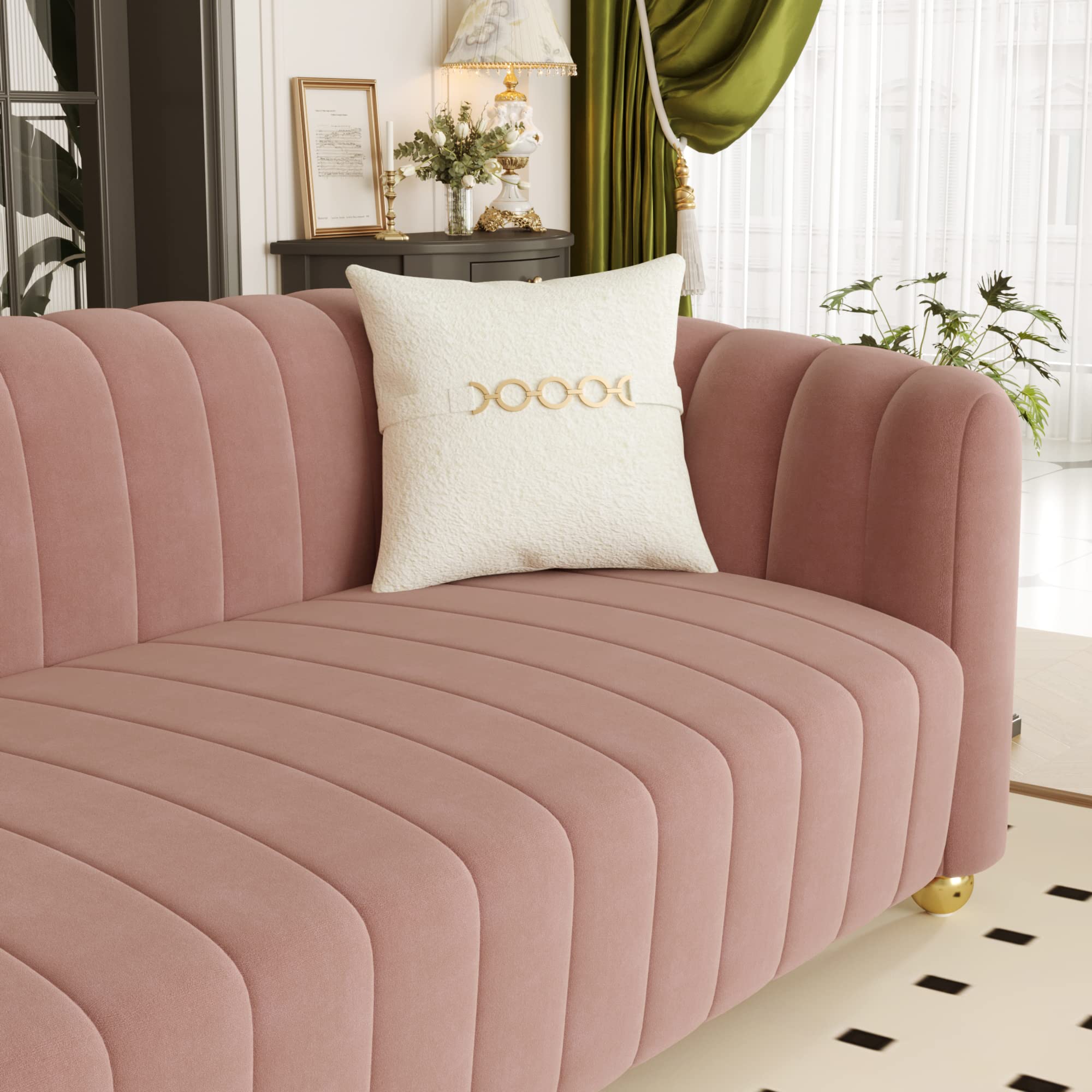 83'' Luxury Velvet Sofa Mid Century Modern 3 Seat Couch for 3 Person Fashion Comfy Couches with 2 Pillows Gold Metal Legs Solid Wood Frame Sofa Pink Couch for Living Room Office Apartment Furniture