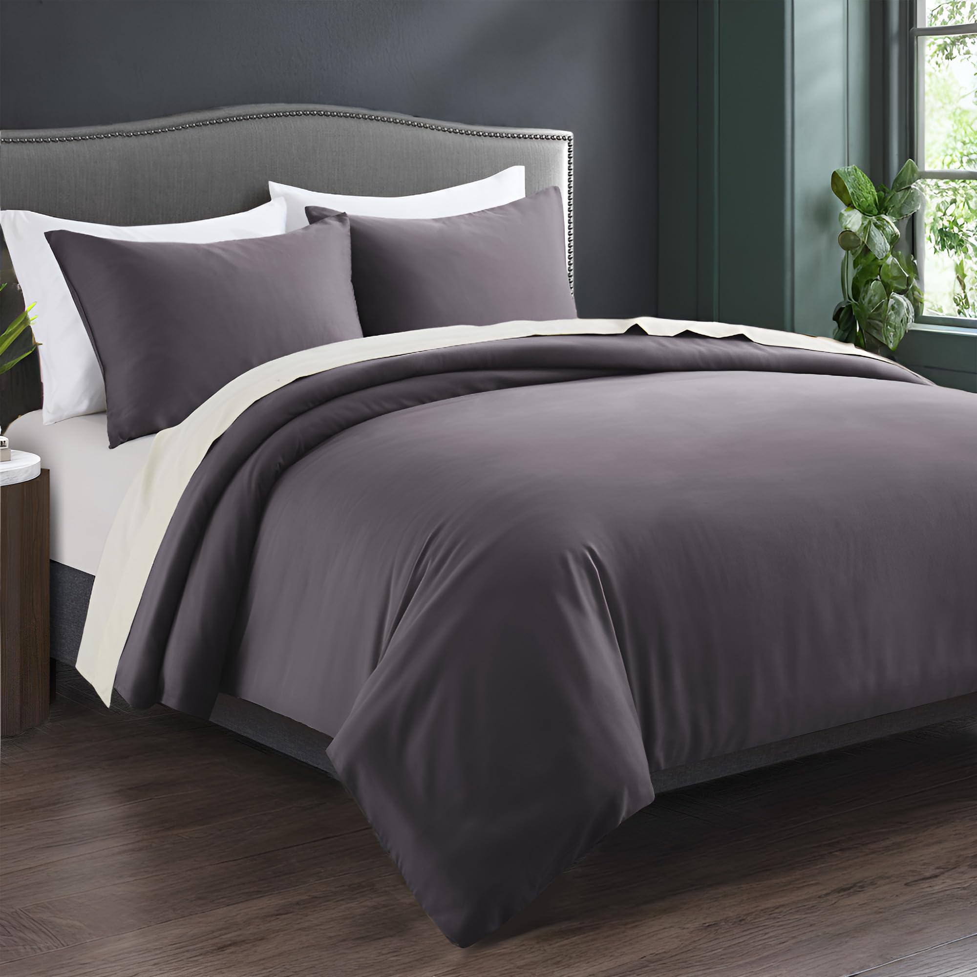 Dreamhood Twin Size Viscose Derived from Bamboo Duvet Cover Set 1 Duvet Cover,1 Pillow Shams,Luxuriously Soft Cooling Smooth 2 Piece Set with 4 Corner Ties (Dark Grey,68"×90")