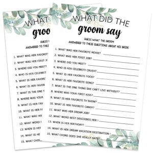 bridal shower game cards, what did the groom say game, greenery theme engagement party cards for wedding, bridal shower decorations, engagement activities ideas, wedding shower party game card