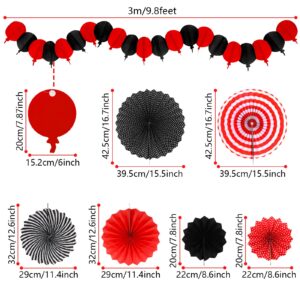 Recosis Red and Black Party Decorations, Papar Fans Pompoms Fans Garlands for Birthday Wedding Graduation Game Night Boy Girl Party Decorations