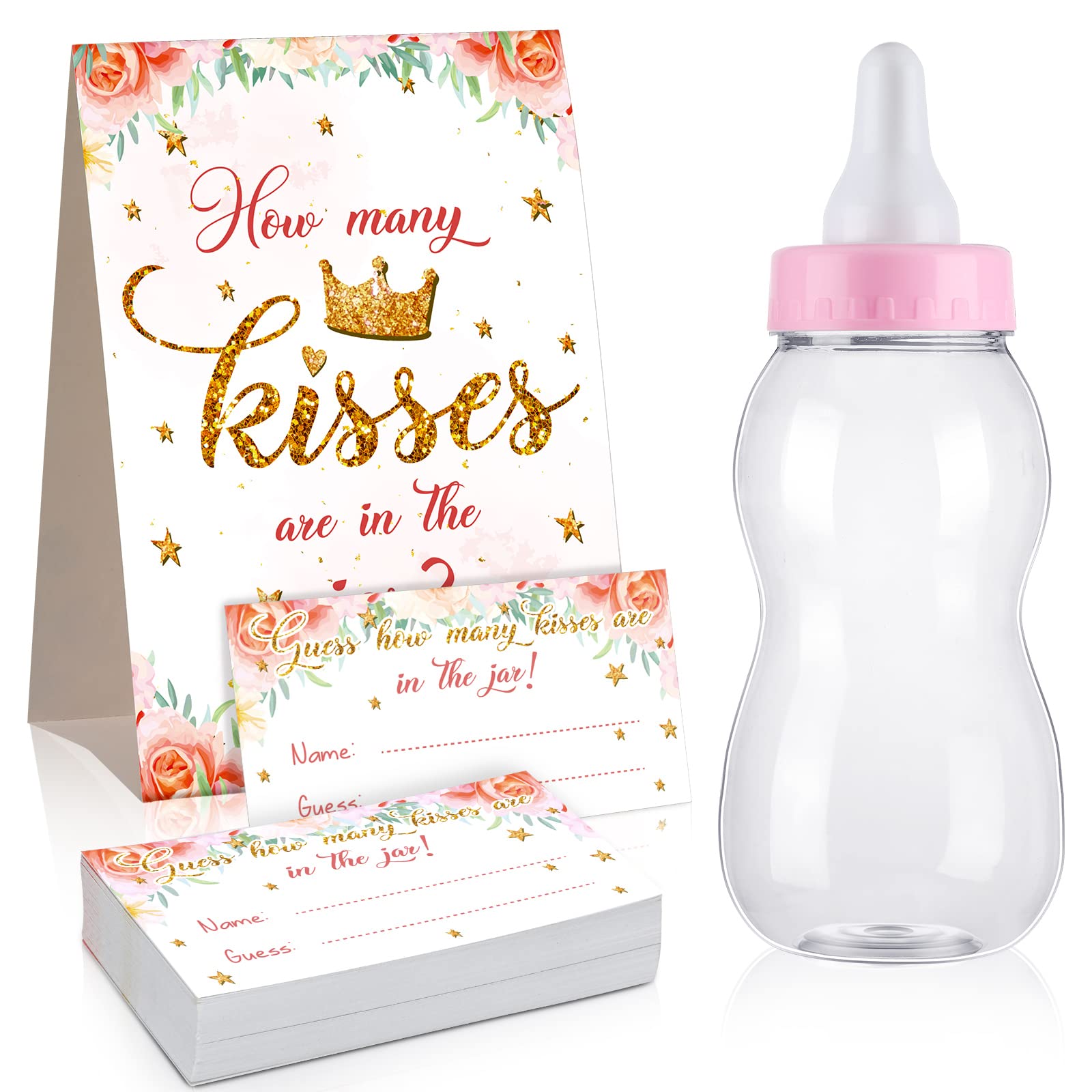 Fuutreo Guess How Many Baby Shower Game Sign with 50 Cards Floral Greenery Baby Shower Decorations with 2.76 x 2.76 x 8.27 Inch Baby Bottles for Girl Boy Party Games Favor Gift (Cute Style)