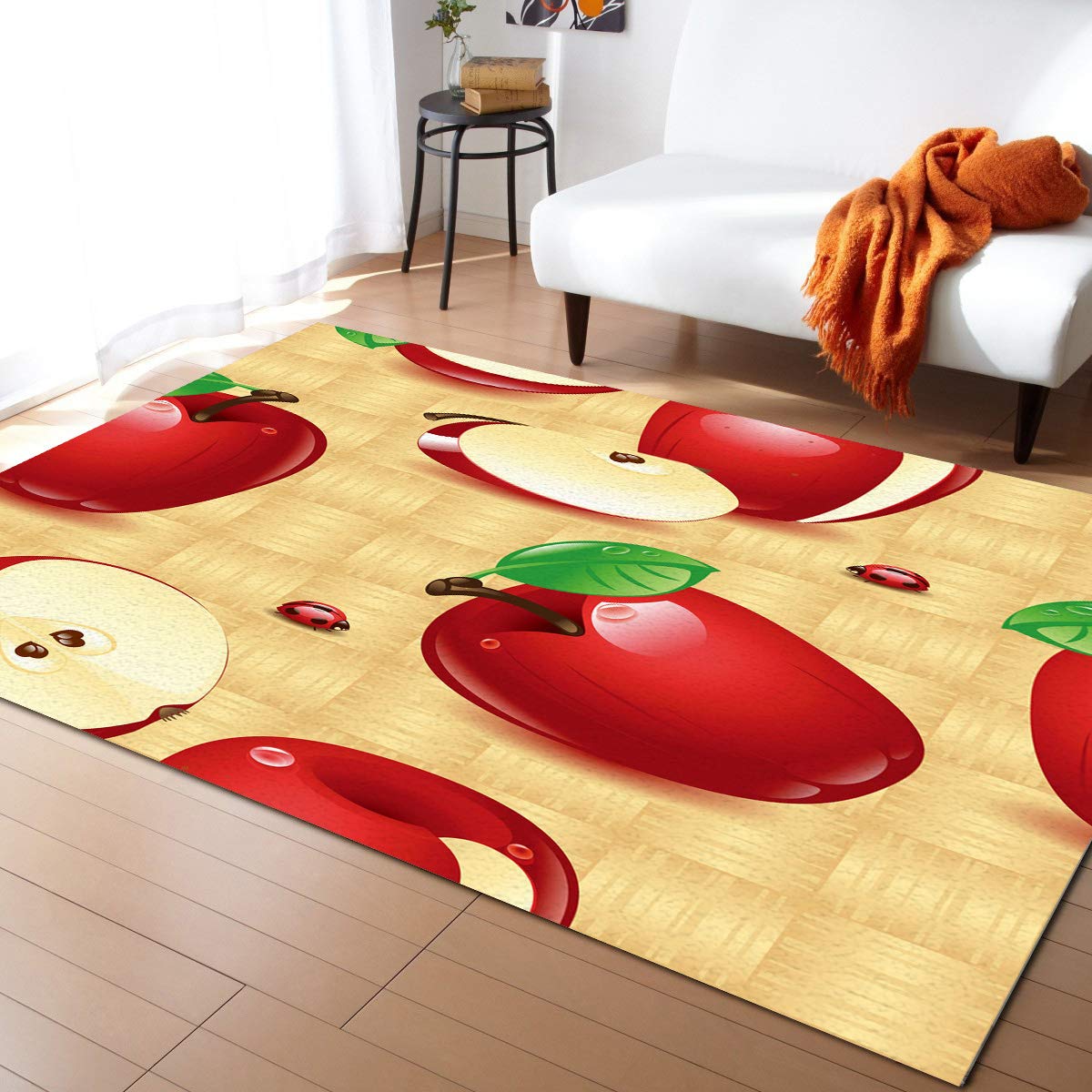 Red Apples Area Rug for Bedroom Living Room- Fresh Apples with Green Leaves Contemporary Floor Carpet Comfy Runner Rug Nursery Playmats Farm Fruit Home Decor Mat, 4'x6'