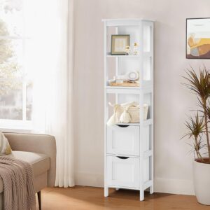 usikey 55.9" H Bathroom Storage Cabinet, Slim Tall Cabinet, Narrow Storage Cabinet with 2 Drawers & 3 Open Shelves, for Bathroom, Living Room, White