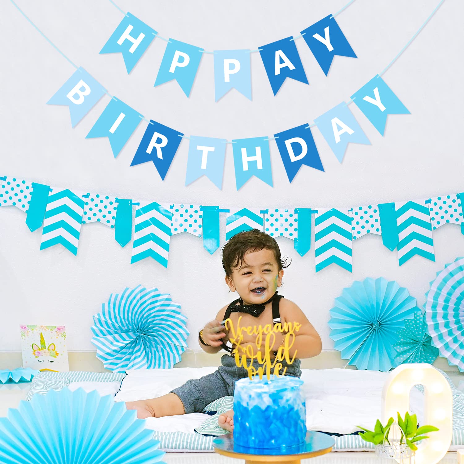 Eaezerav Happy Birthday Banner Blue Signs Happy Birthday Bunting Banner Garland for Baby Shower Gender Reveal Party Supplies for Boys Girls, Nursery Hanging Decoration Wall Backdrop