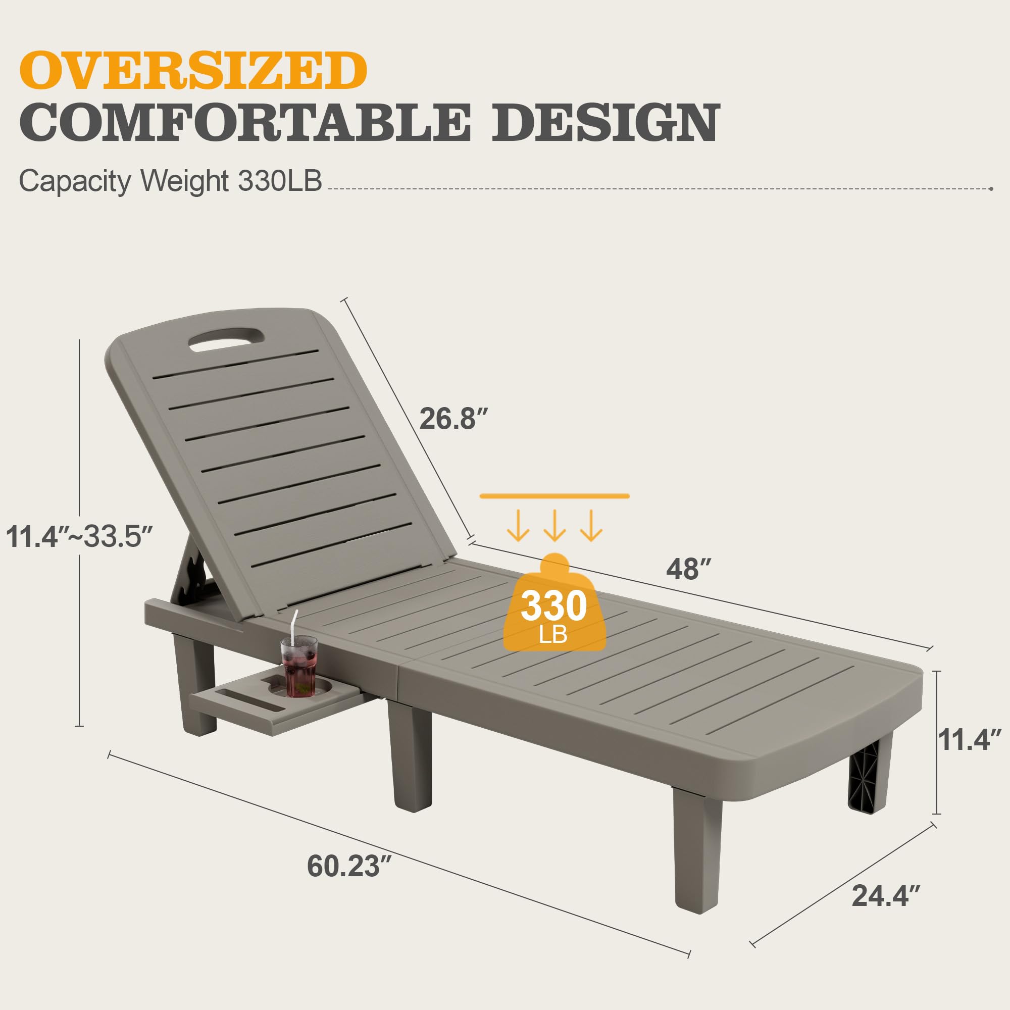 UDPATIO Oversized Outdoor Chaise Lounge Chair Set of 2, 5-Level Adjustment Backrest, Extra Widen Chaise with Cup Holder Easy Assembly for Pool Beach Garden (Grey)