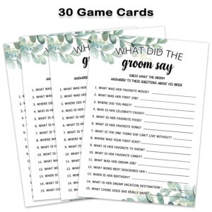 Bridal Shower Game Cards, What Did The Groom Say Game, Greenery Theme Engagement Party Cards For Wedding, Bridal Shower Decorations, Engagement Activities Ideas, Wedding Shower Party Game Card