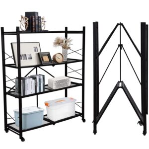 Foldable Shelves 4 Tier Heavy Duty Metal Storage Shelves with Wheels - No Assembly Collapsible Shelving Unit for Kitchen Garage Hold up to 1000 lbs