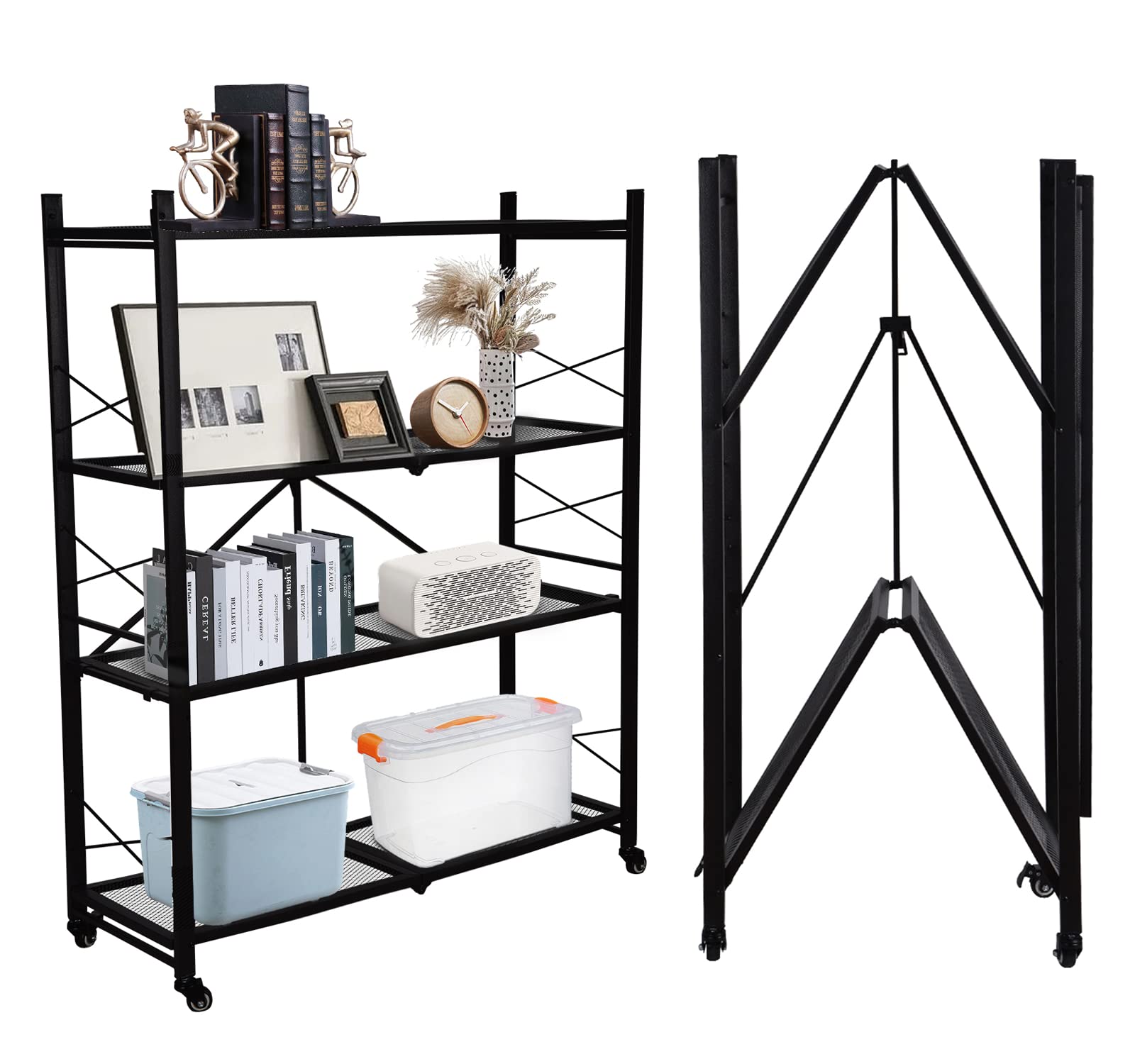 Foldable Shelves 4 Tier Heavy Duty Metal Storage Shelves with Wheels - No Assembly Collapsible Shelving Unit for Kitchen Garage Hold up to 1000 lbs