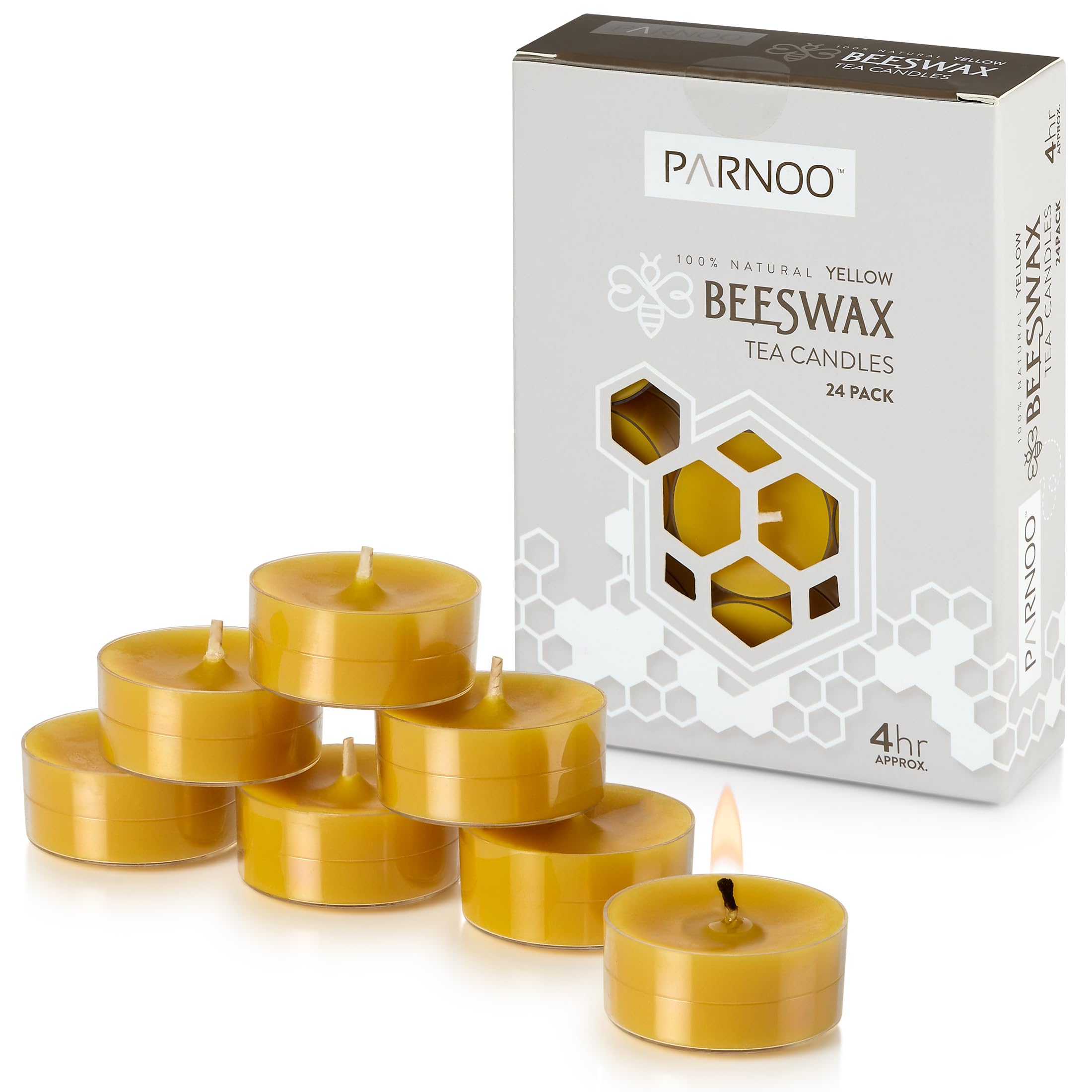 PARNOO 100% Natural Yellow Beeswax Tealight Candles in Clear Plastic Cups, 4 Hours Burn time - Pack of 24