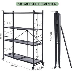 Foldable Shelves 4 Tier Heavy Duty Metal Storage Shelves with Wheels - No Assembly Collapsible Shelving Unit for Kitchen Garage Hold up to 1000 lbs