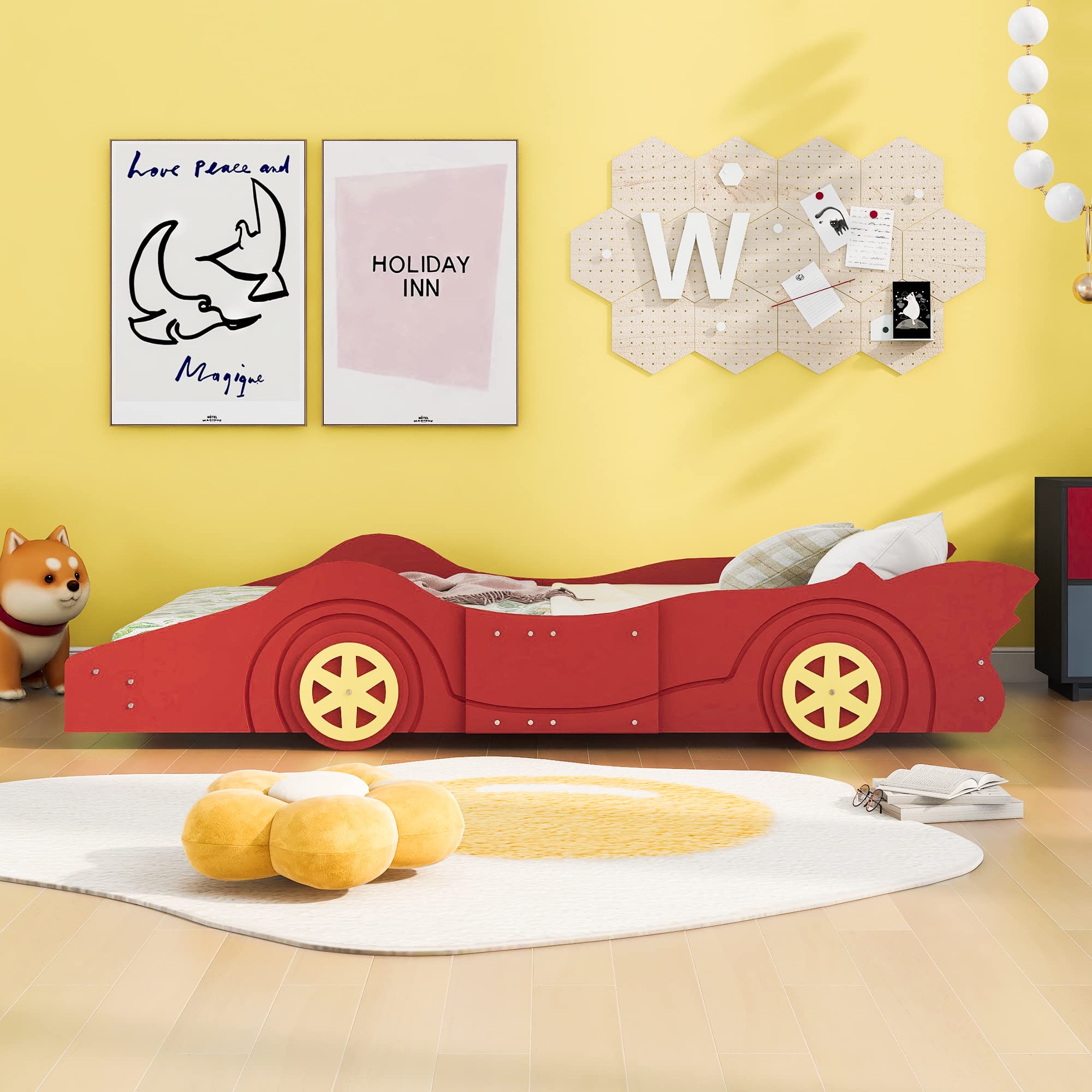 CITYLIGHT Twin Size Car Beds for Boys Race Car-Shaped Twin Bed Frame with Wheels Wooden Kids Car Twin Bed for Boys with Slat Support for Child's Bedroom (Twin,Red)