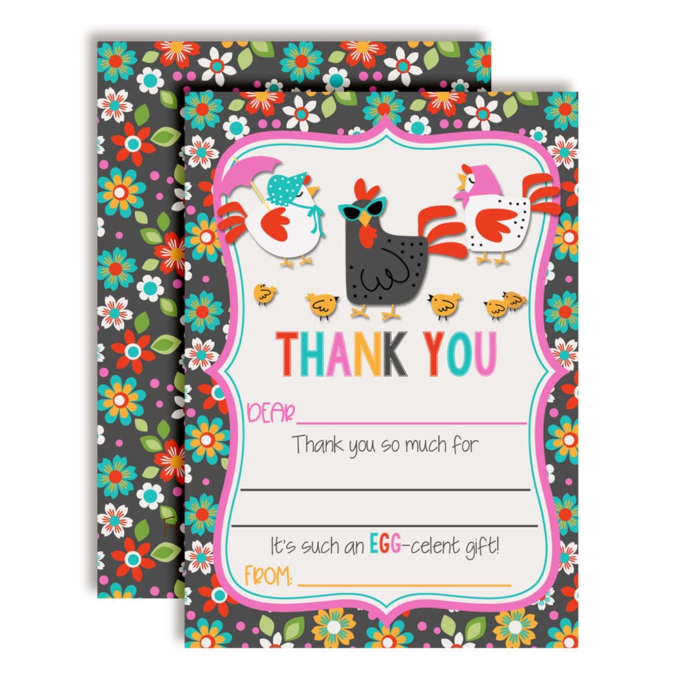 Amanda Creation Cool Chick Chicken Birthday Party Thank You Notes, Ten 4" x 5.5" Fill-In the Blank Cards with 10 White Envelopes