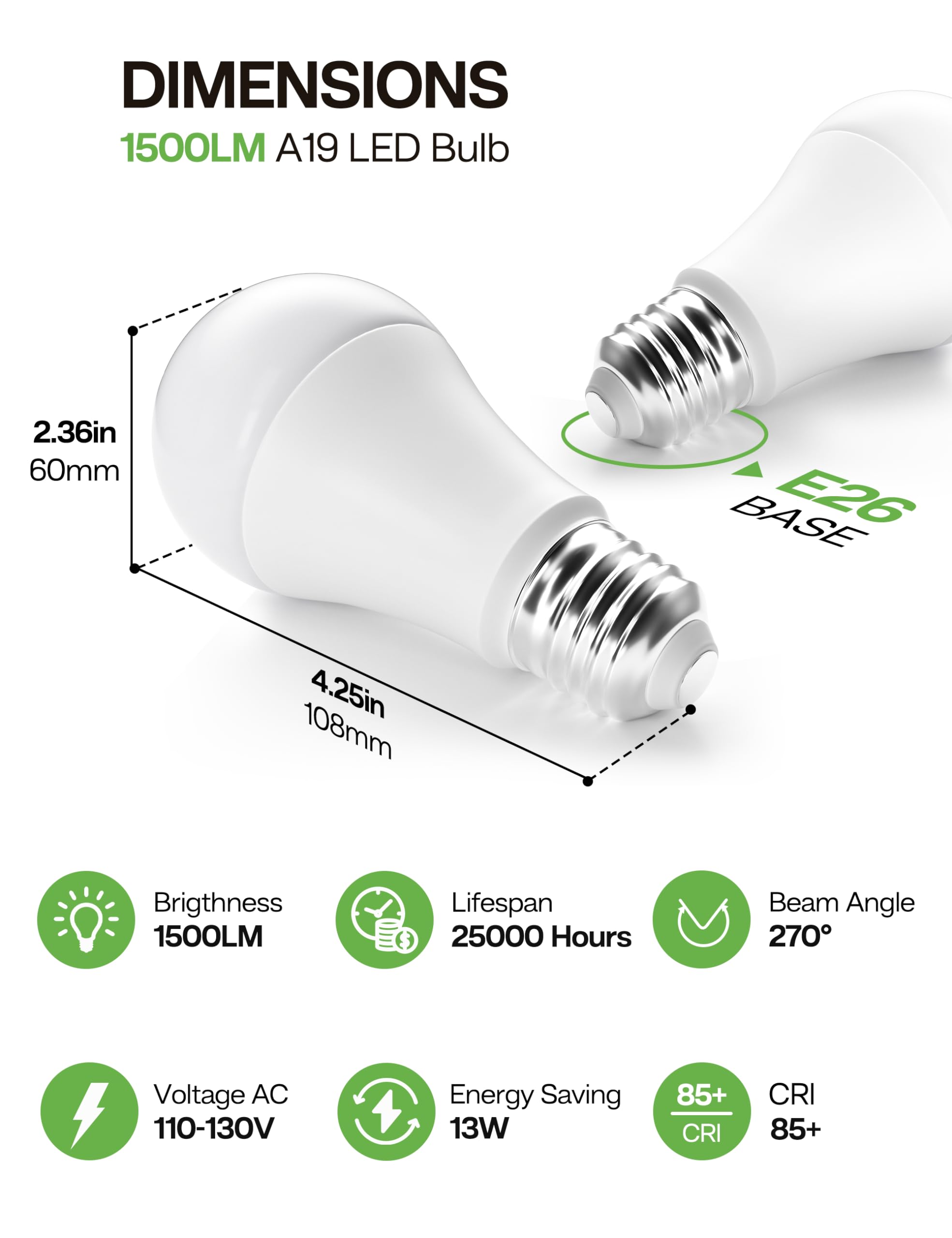 Eastiya A19 LED Light Bulbs 100 Watt Equivalent Daylight 5000K, 13W 1500LM Super Bright LED Bulb, E26 Base, Energy Saving, 20000+ Hours Longevity, Non-Dimmable, No Flickering, 4-Pack