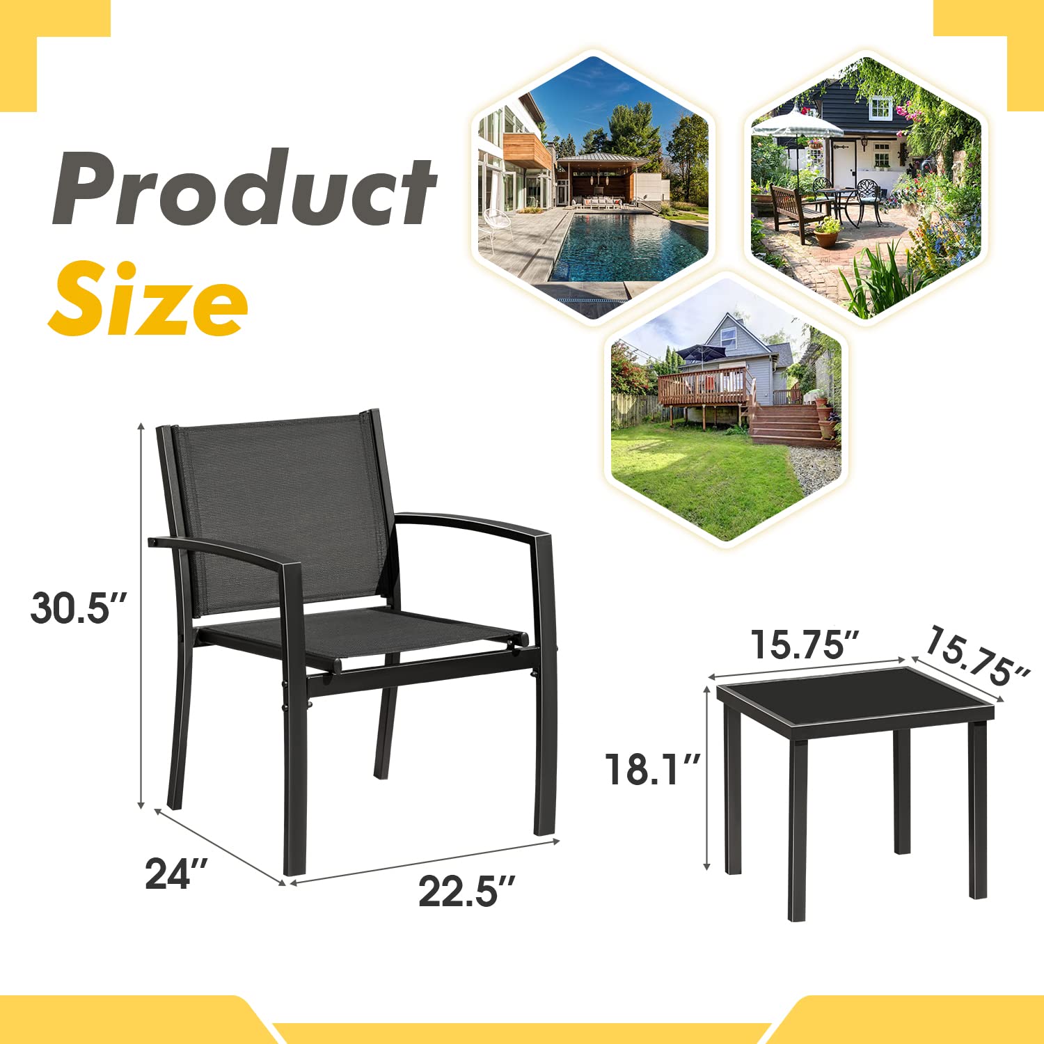 Greesum 3 Pieces Patio Furniture Outdoor Bistro Set Textilene Fabric Chairs for Lawn, Garden, Balcony, Poolside with A Glass Coffee Table, Black