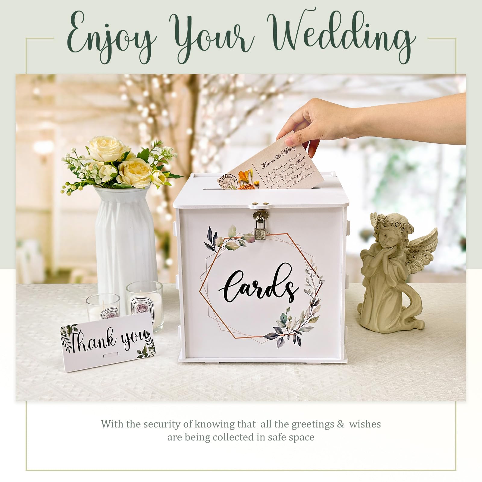 OurWarm White Wedding Card Box with Lock, PVC Gift Card Box for Wedding Reception, Eucalyptus DIY Wedding Envelope Money Card Box for Party Graduation Birthday Baby Shower Decorations