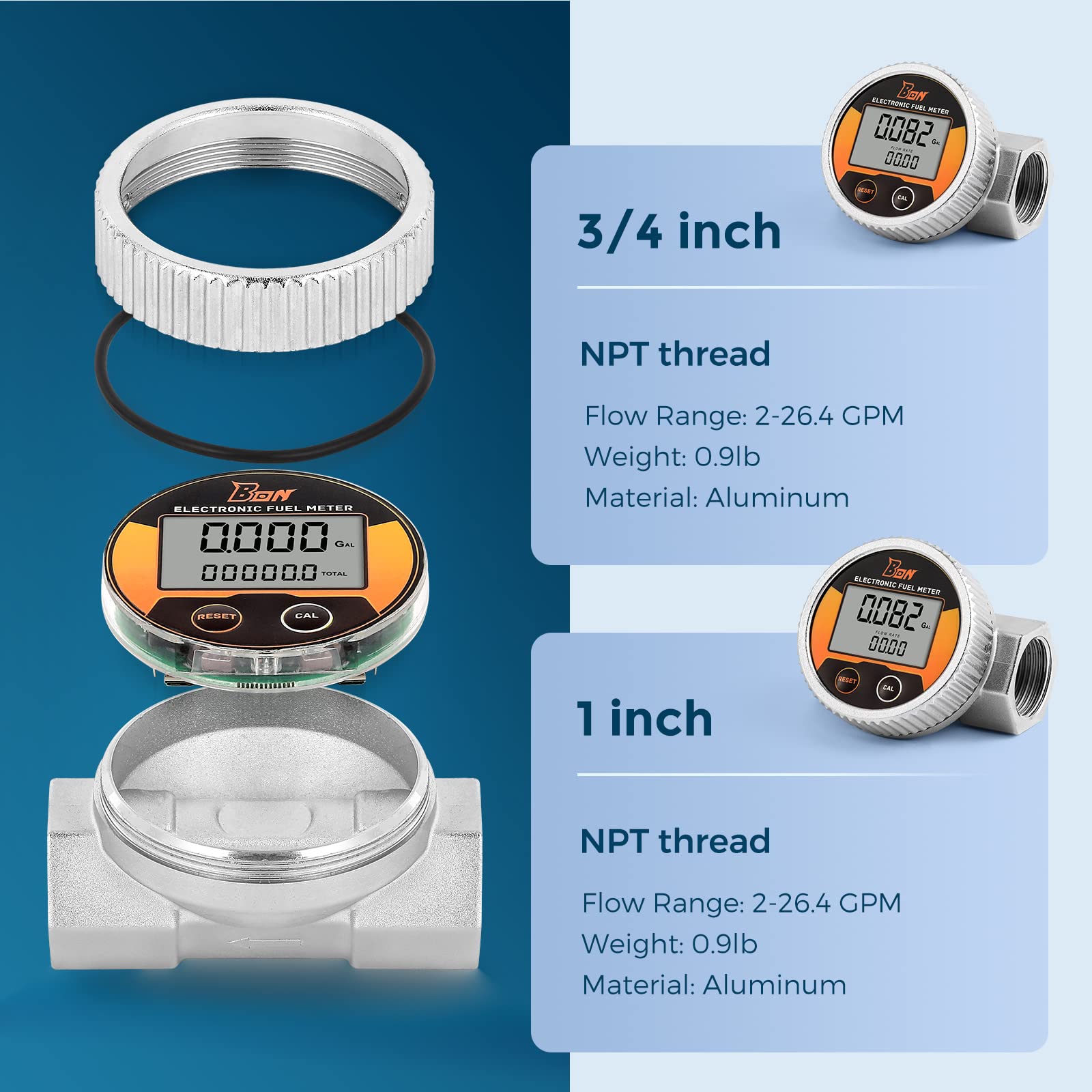 Bonvoisin Turbine Flow Meter Waterproof 1 inch NPT Thread Fuel Flowmeter ±1% Accuracy LCD Display Flow Meter for Diesel Kerosene Gasoline 2-26.4 GPM