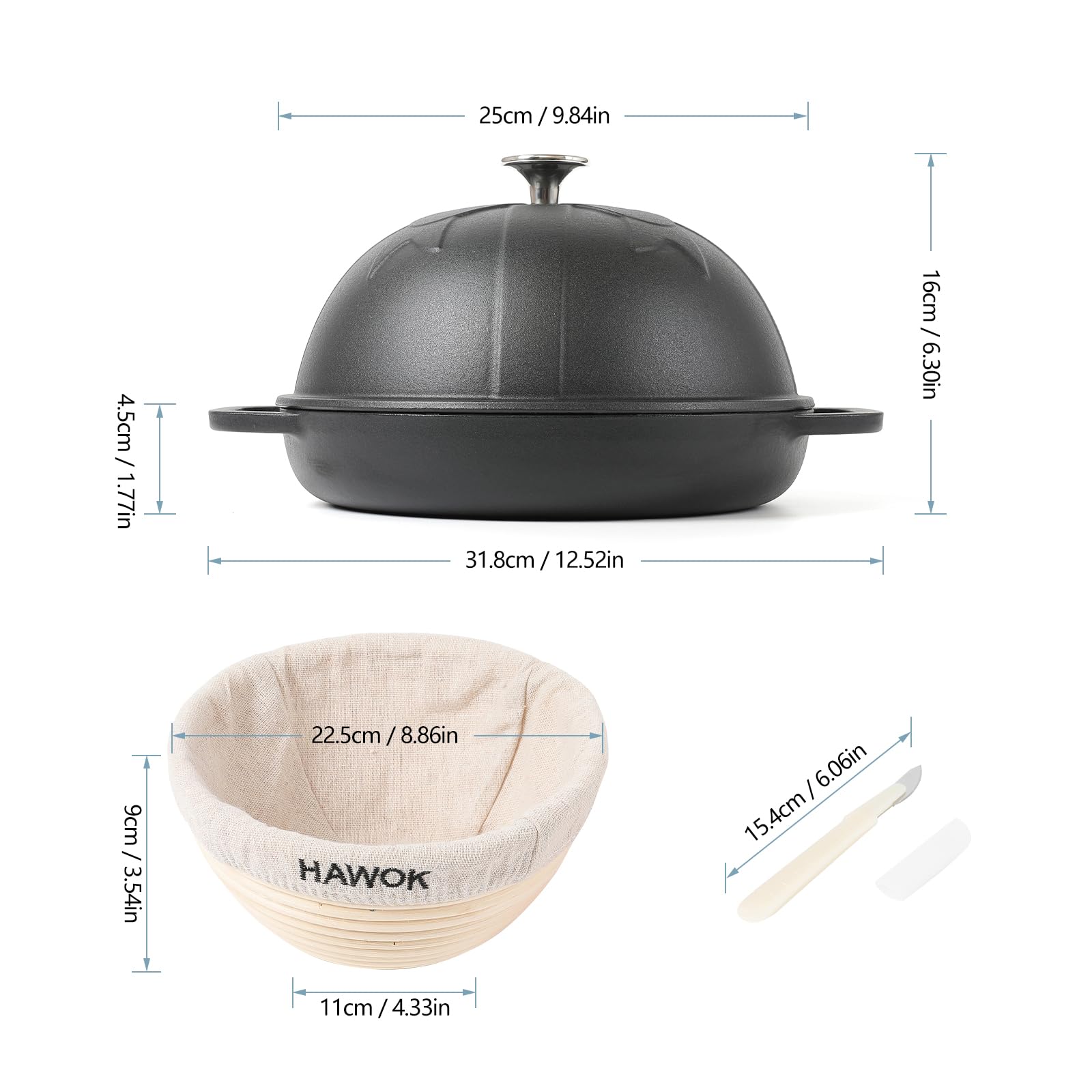 HAWOK Cast Iron Bread Oven with Cloche Lid, Dia. 9.8inch/25cm, Sourdough Baking Pan, Enameled Yellow