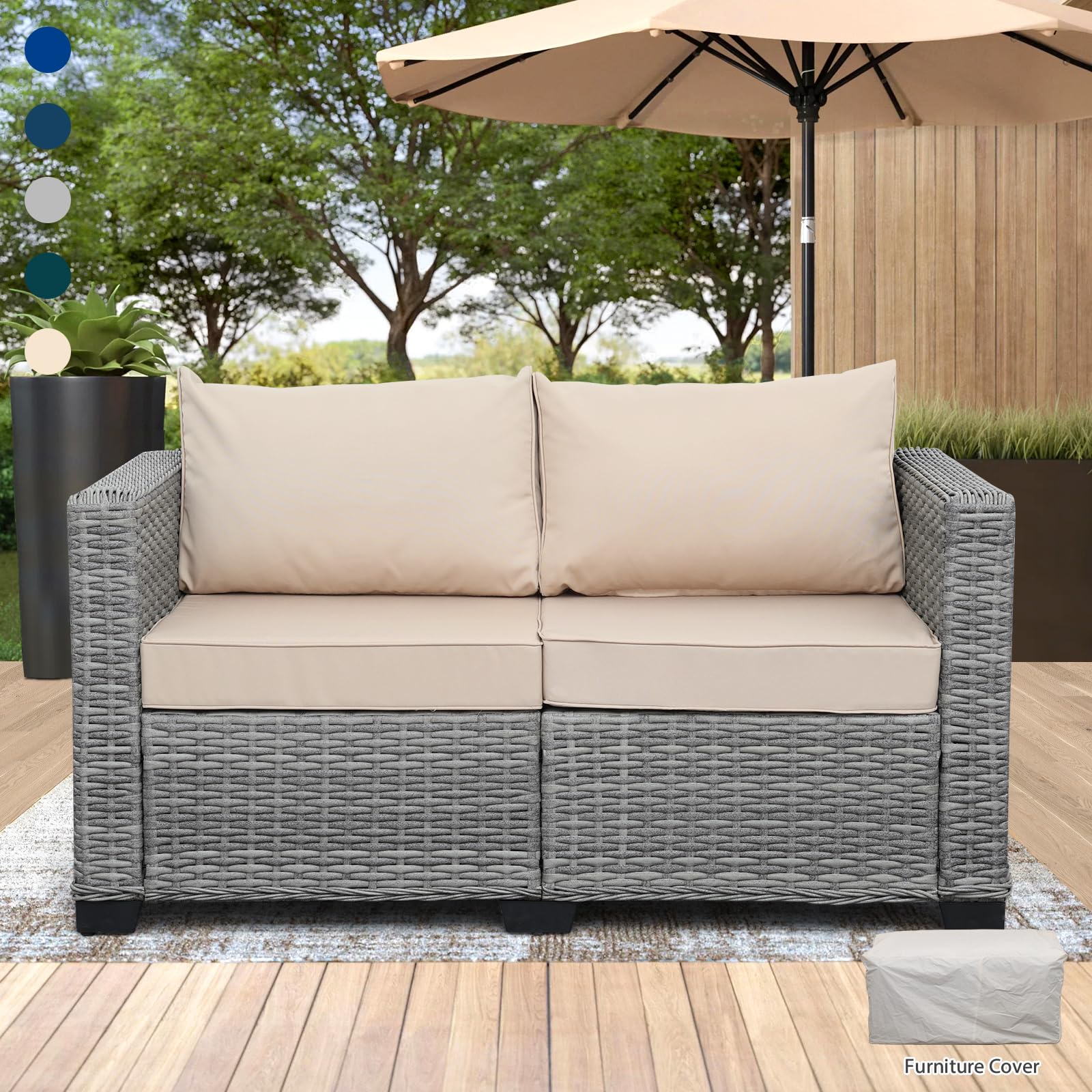 Rattaner Outdoor Furniture Loveseat Sofa Balcony Furniture Outdoor Loveseat 2 Seater Couch Small Sofa with Anti-Slip Outdoor Cushion Lumbar Pillow and Furniture Cover, Grey