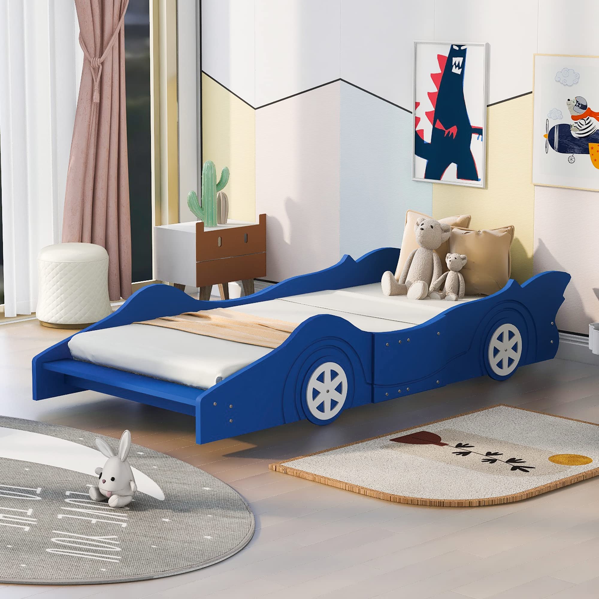 CITYLIGHT Twin Size Car Beds for Boys Race Car-Shaped Twin Bed Frame with Wheels Wooden Kids Car Twin Bed for Boys with Slat Support for Child's Bedroom (Twin,Blue)