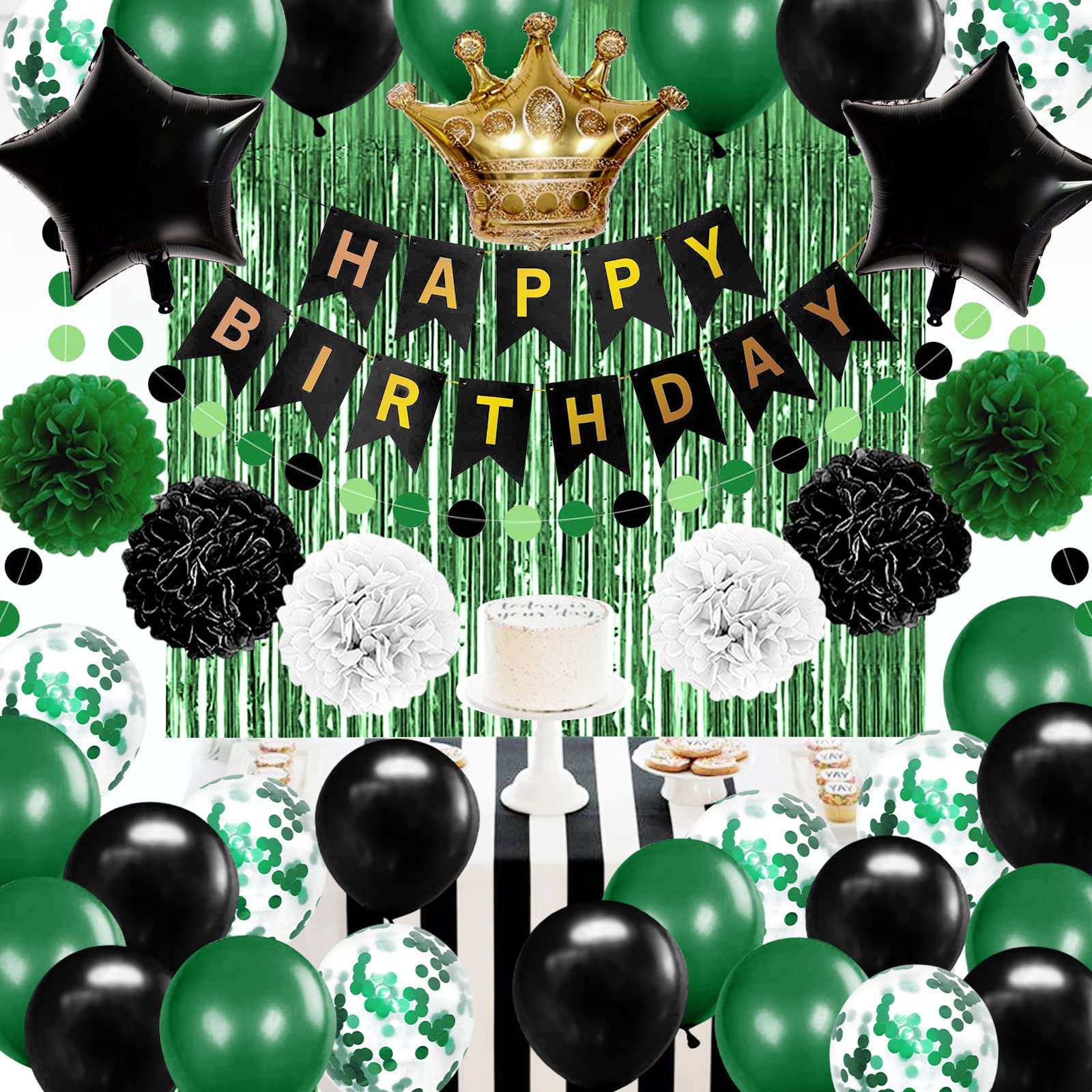 Birthday Decorations for Men Green and Black Party Decorations for Boy Happy Birthday Banner Fringe Curtains Confetti Latex Balloon Foil Balloon Party Supplies