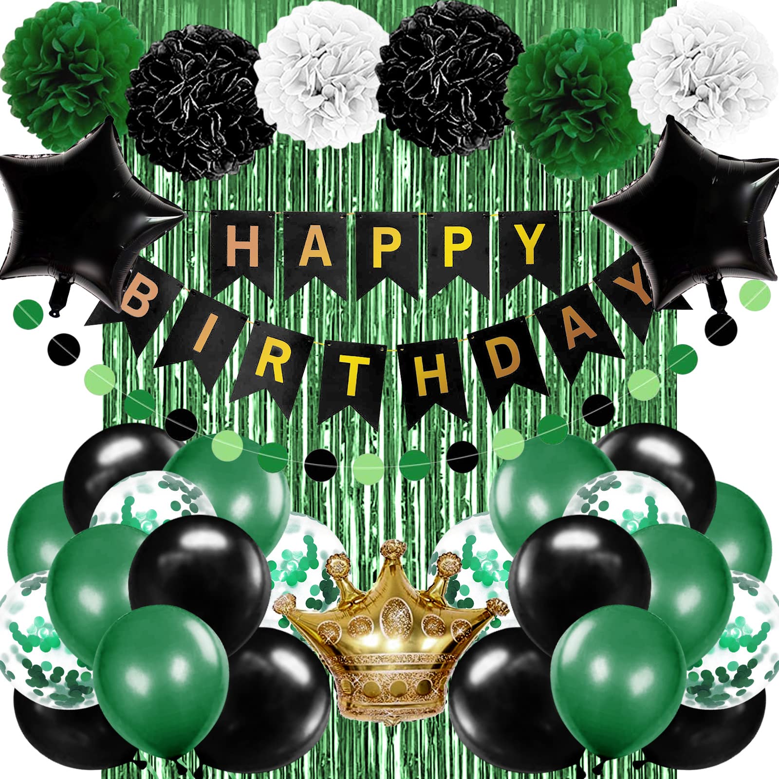 Birthday Decorations for Men Green and Black Party Decorations for Boy Happy Birthday Banner Fringe Curtains Confetti Latex Balloon Foil Balloon Party Supplies