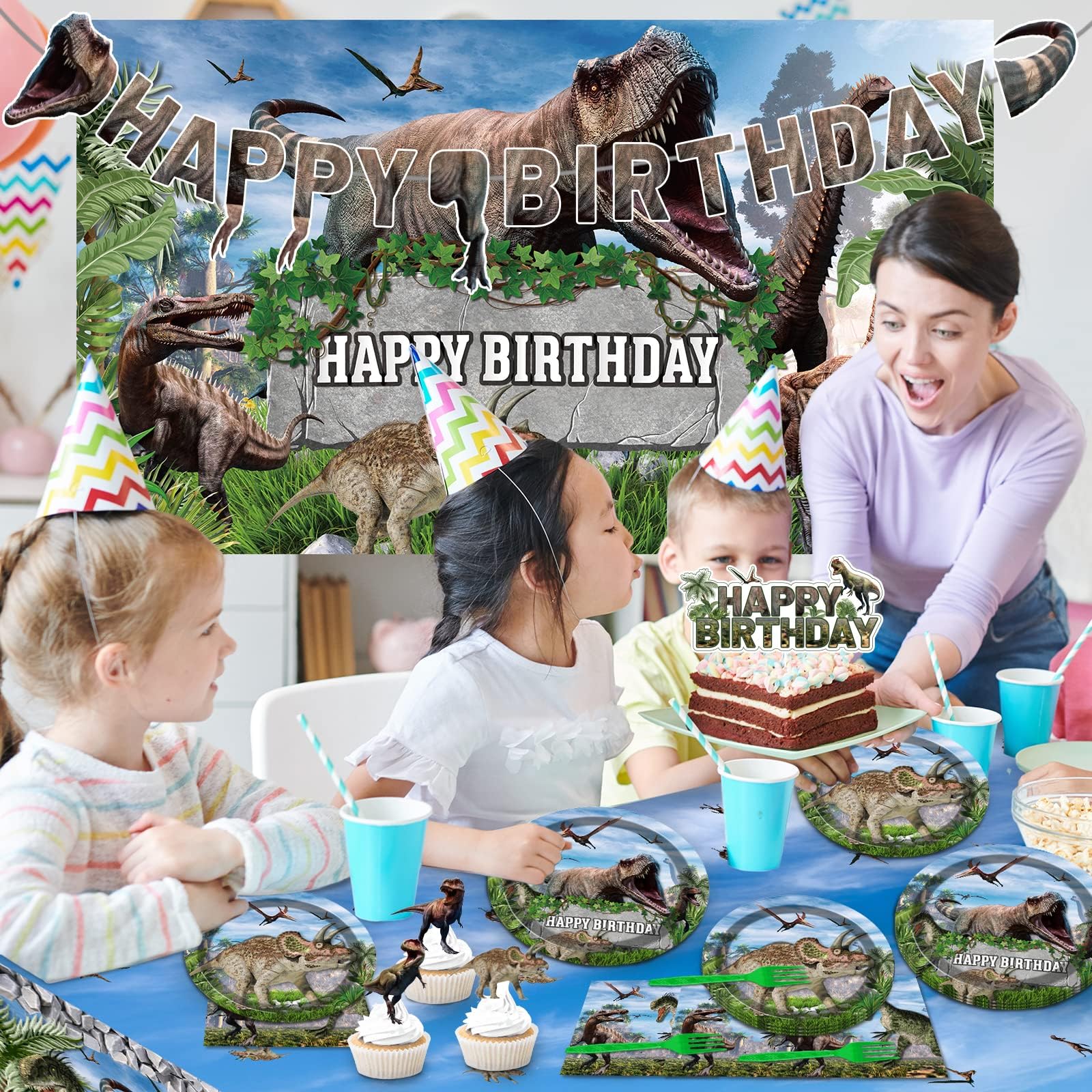 189 Pcs Dinosaur Tableware Tablecloth Party Supplies Set for 24 Guests Dinosaur Birthday Party Decoration Kit Includes Plates Backdrop Banners Cake Topper Dino Baby Shower Kids Party Favors