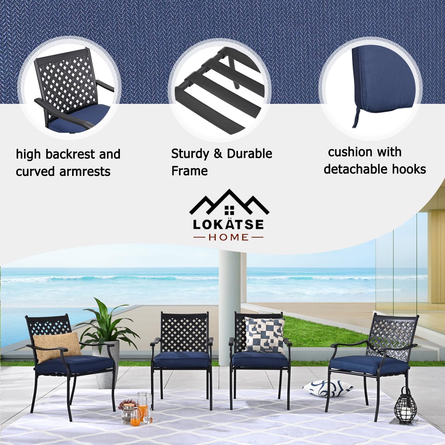 LOKATSE HOME 8 Piece Outdoor Patio Dining Chair Set Metal Furniture with Arms and Seat Cushions, Blue