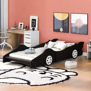 meritline race car bed twin wooden platform bed car shaped bed with wheels & support slats, twin kid beds for kids girls boys teens, no spring need,black