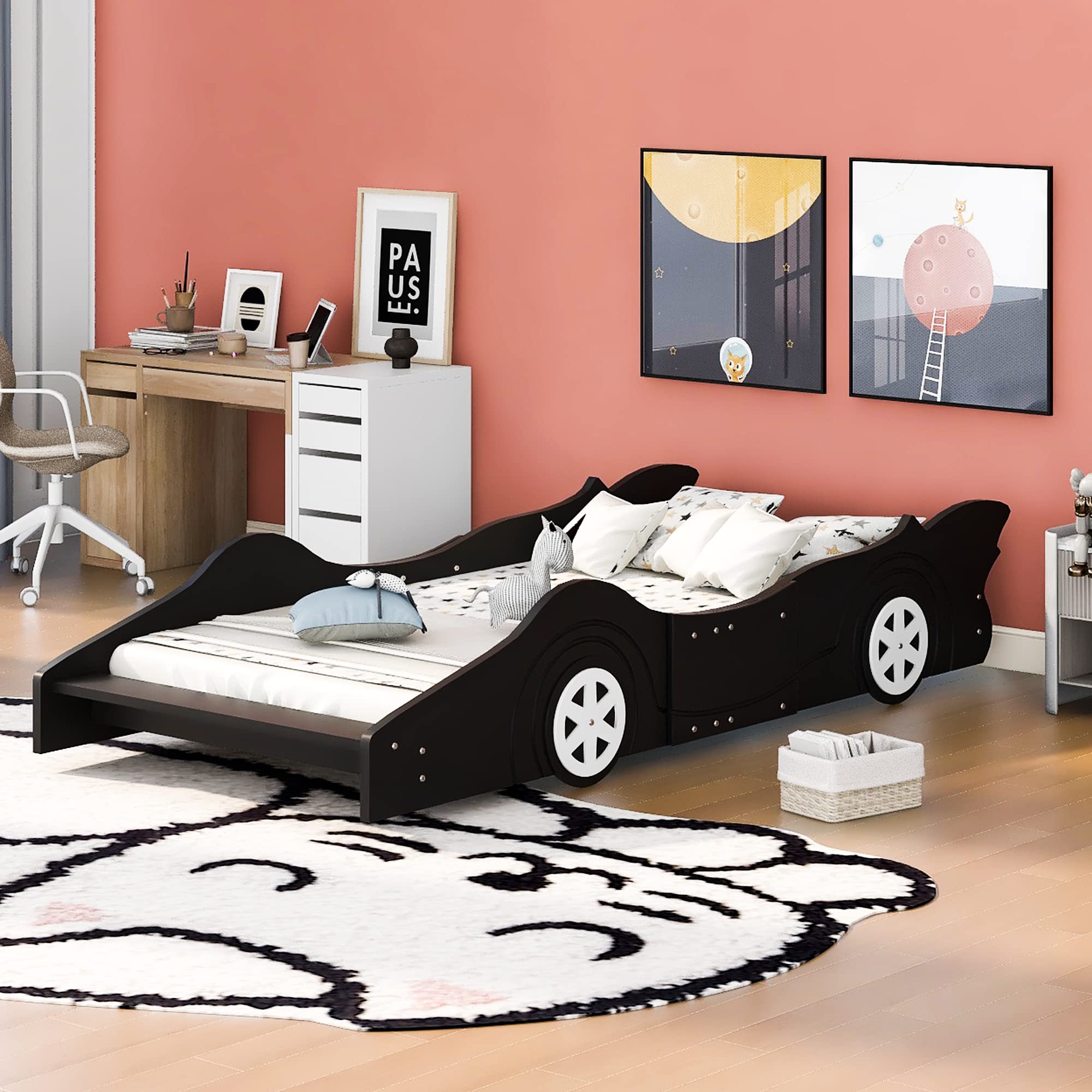 MERITLINE Race Car Bed Twin Wooden Platform Bed Car Shaped Bed with Wheels & Support Slats, Twin Kid Beds for Kids Girls Boys Teens, No Spring Need,Black