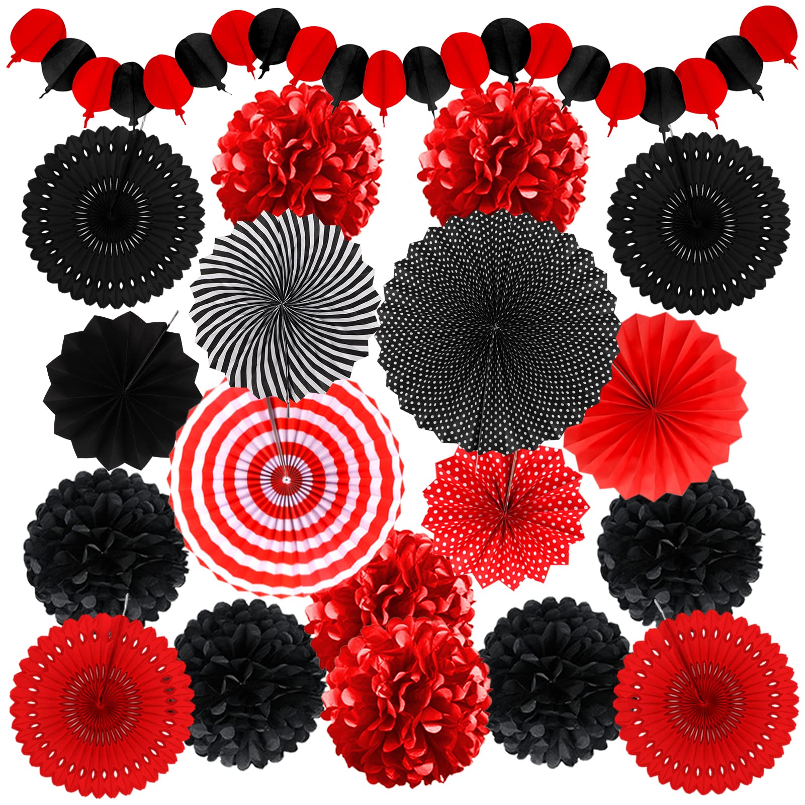 Recosis Red and Black Party Decorations, Papar Fans Pompoms Fans Garlands for Birthday Wedding Graduation Game Night Boy Girl Party Decorations