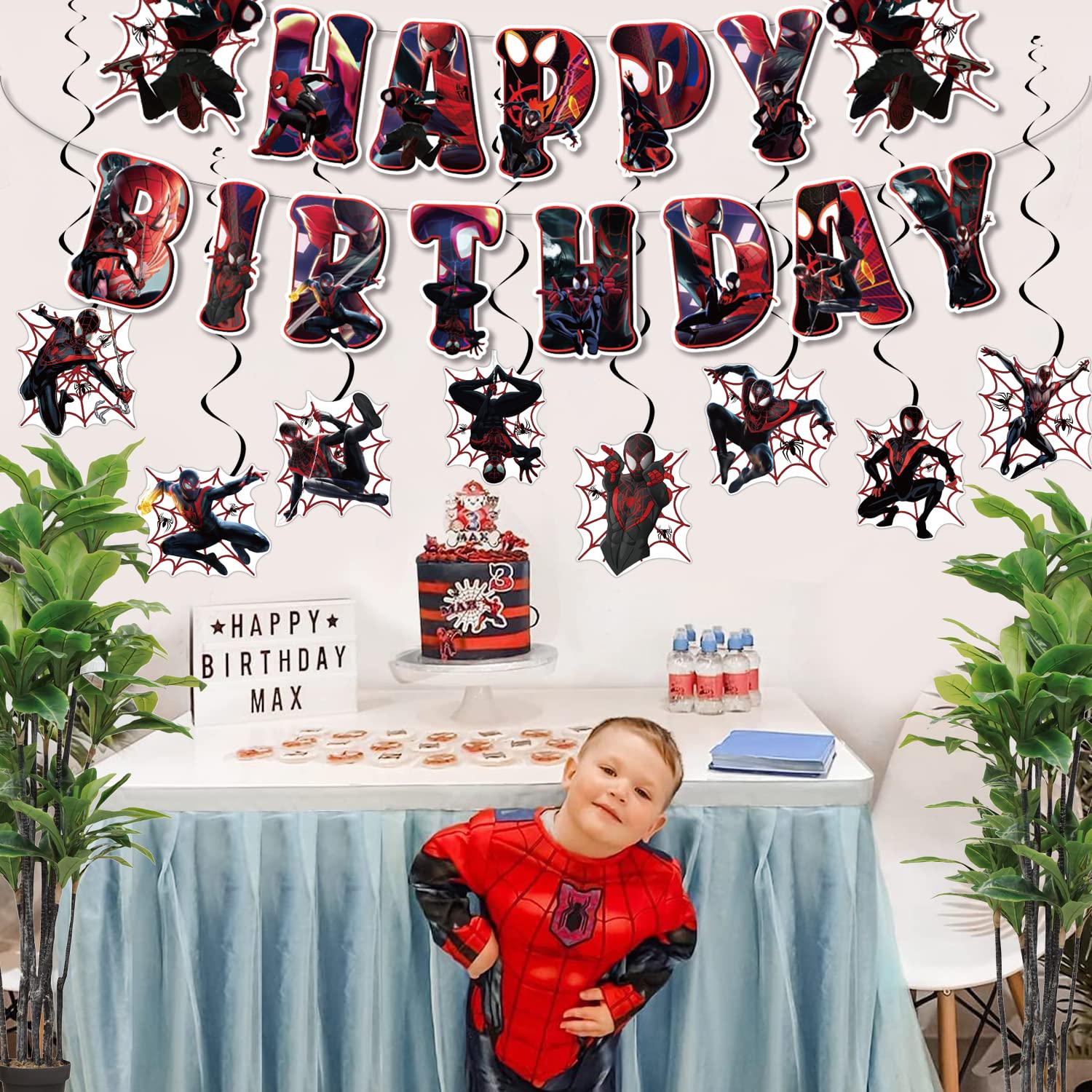 Miles Morales Birthday Decorations Cartoon Spider Party Decorations Banner and Hanging Swirls for Kid, Boys and Girls Black Spider Happy Birthday Banners