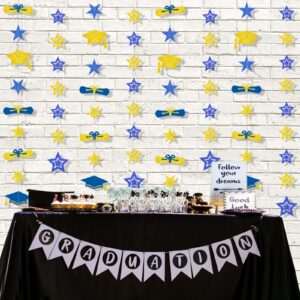 8-Pack 2024 Graduation Party Decorations - Blue Gold Glitter Backdrop with Cap, Diploma & Star Garland Banner Hanging Decor - Perfect for High School, College, and Middle School Graduation Parties