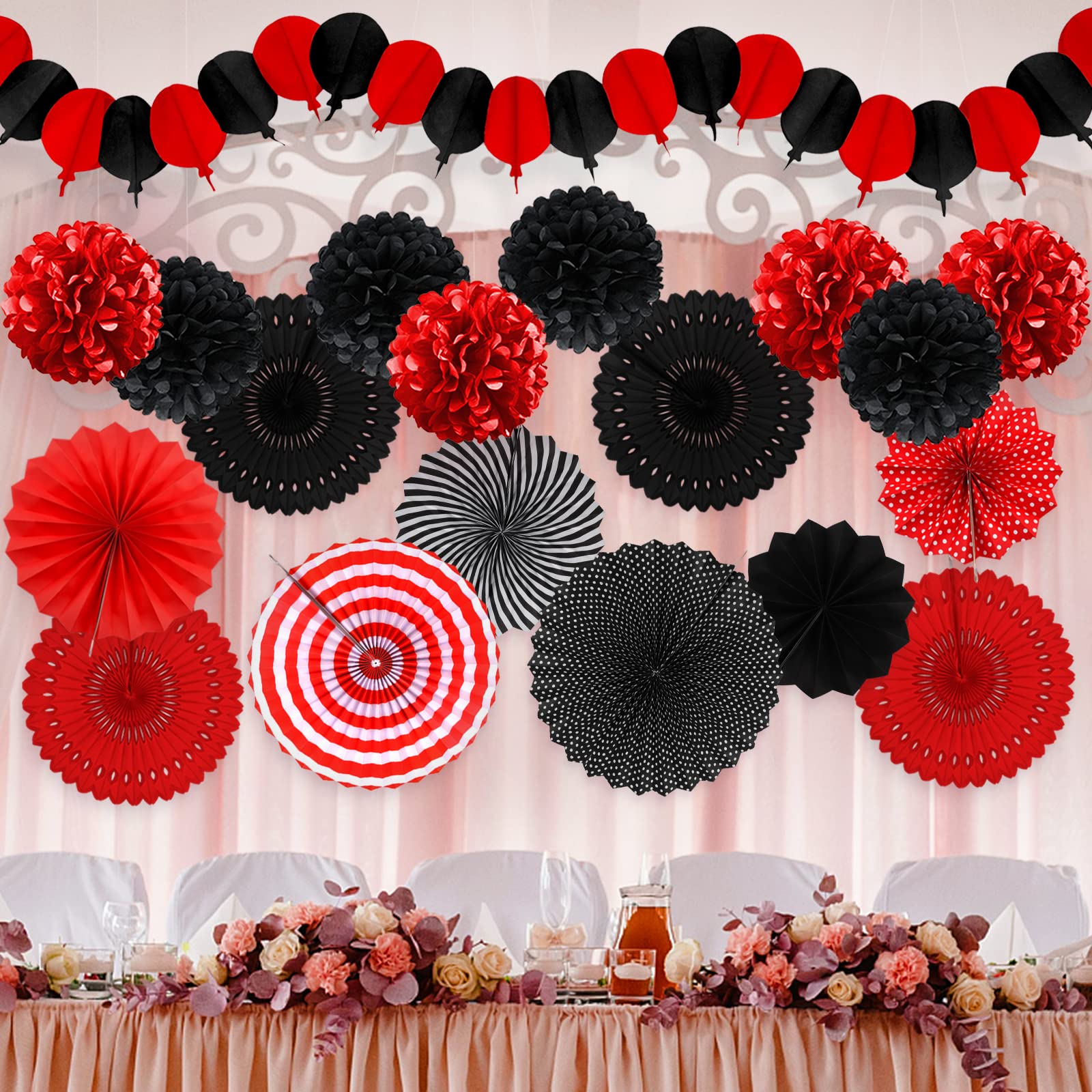 Recosis Red and Black Party Decorations, Papar Fans Pompoms Fans Garlands for Birthday Wedding Graduation Game Night Boy Girl Party Decorations