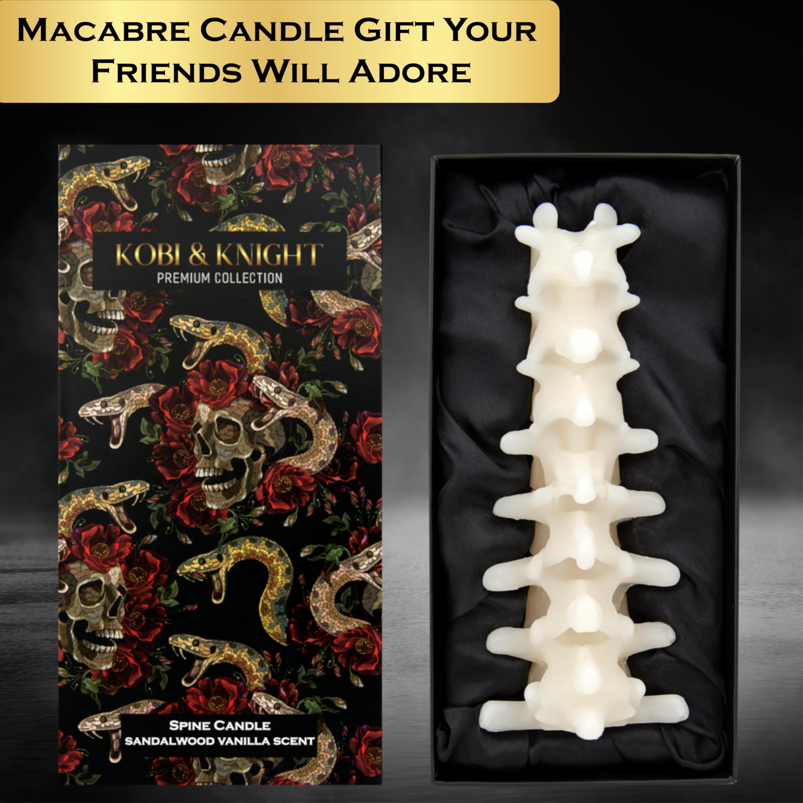 Kobi & Knight Spine Candle - Sandalwood Vanilla Scented Creepy Candles for Gothic Decor Gift - Ivory Spooky Vertebra Candle - Goth Decoration for Halloween - Large 8" Witchy Candle