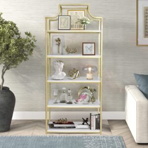 TooCust 5-Tier Gold Bookcase, 29.5" Lx70.6 H, Bookshelf for Bedroom,Gold Book Display Shelf, Arched Bookcase, Organizer Rack for Living Room, Gold Freestanding Display Shelf,White and Gold Bookshelf