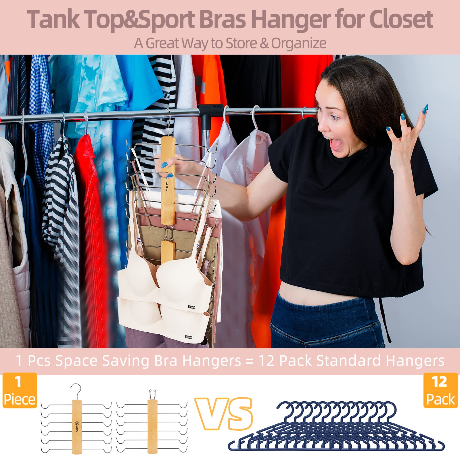 Tank Top Hanger for Closet - Monalife Bra Hangers Space Saving,360° Rotating Wood Bra Holder Organizer,Non-Slip Foldable Metal Hooks Closet Storage Organizer for Cami, Sports Bras, Scarf, Tie and Belt