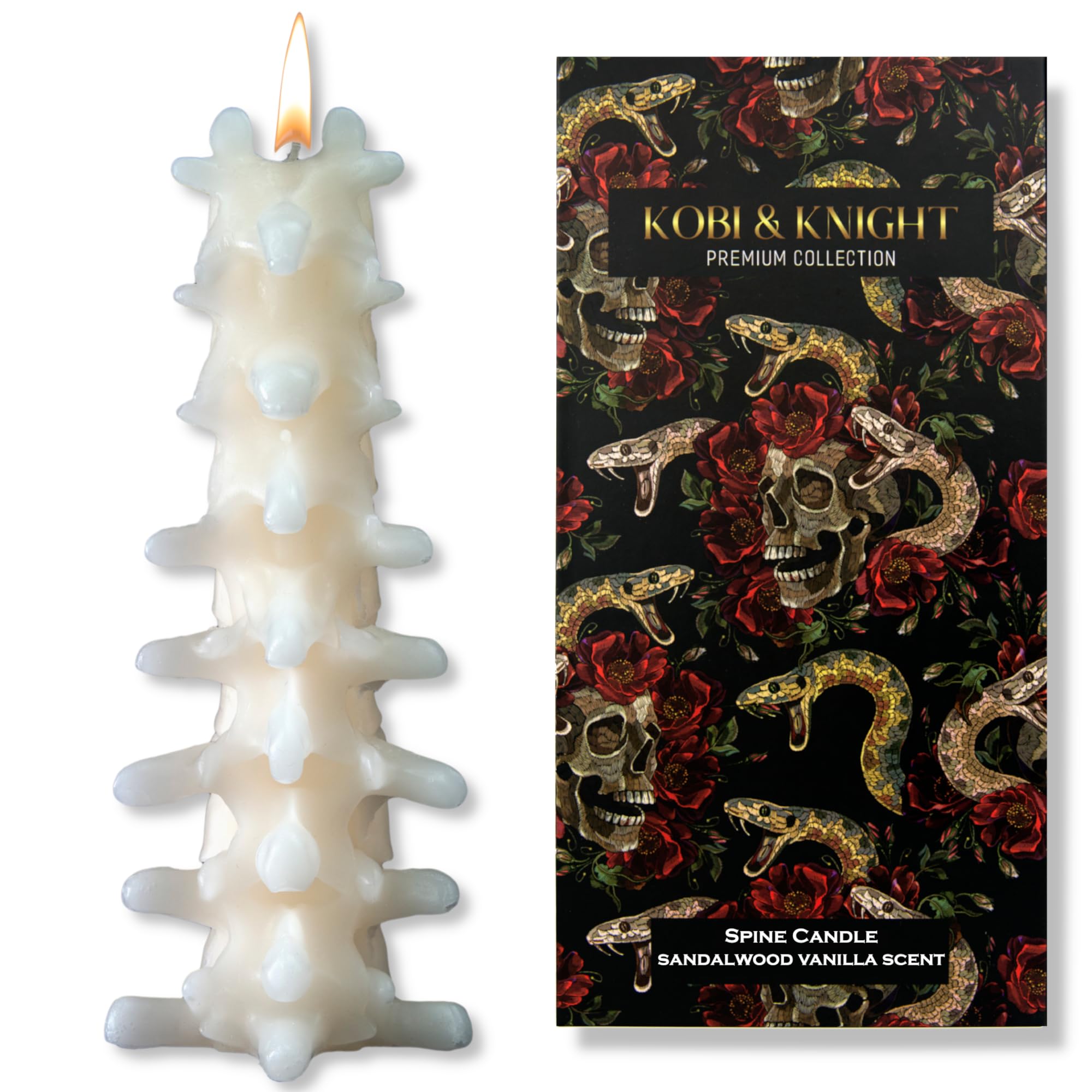 Kobi & Knight Spine Candle - Sandalwood Vanilla Scented Creepy Candles for Gothic Decor Gift - Ivory Spooky Vertebra Candle - Goth Decoration for Halloween - Large 8" Witchy Candle